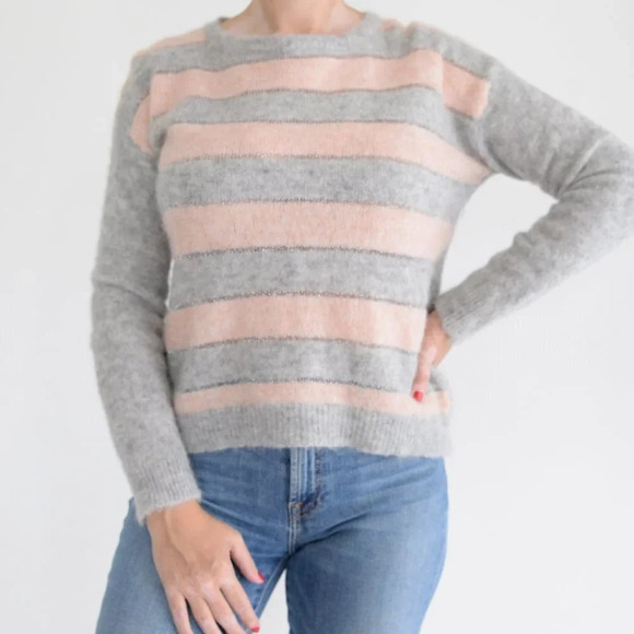 Immagini Grey & Pink Stripe 50% Alpaca 22% Wool Crewneck Sweater M - Picture 2 of 11